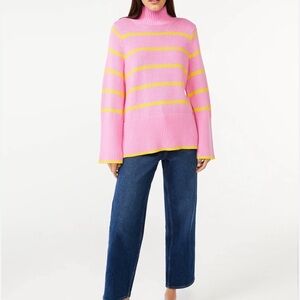 Women's Pink & Yellow Striped Rib Turtleneck Knit Tunic Cotton Sweater S/M C